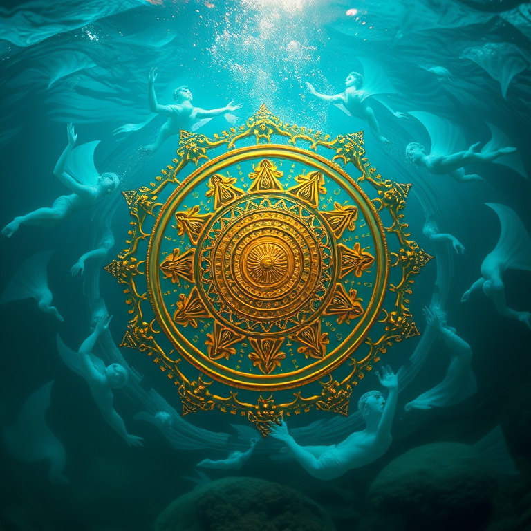 Create a mystical underwater scene of a golden mandala surrounded by swirling cosmic waves and ethereal figures, shot with a Canon EOS 5D Mark IV using a 24-70mm f/2.8 lens, aperture set to f/8, ISO 100, at a 50mm focal length, with a low angle view to emphasize the grandeur of the architecture and vibrant colors.