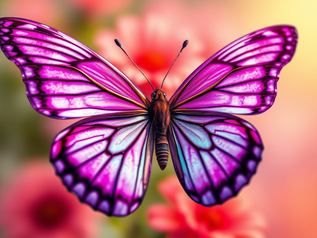 Generate a vibrant illustration of a butterfly with intricate wing patterns in shades of pink and purple, using a digital art style, high resolution of 300 DPI, with a soft focus lens effect, captured in a close-up view.