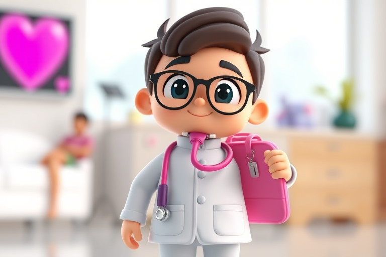 Create a high-quality 3D render of a cartoon doctor character with a stethoscope and a pink medical bag, using a shallow depth of field for a professional look, with a focus on the character from a slightly low angle view, using a DSLR camera at f/2.8 aperture, ISO 100, shutter speed 1/200s, in a bright, well-lit environment.