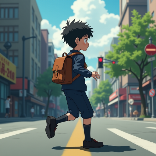 In the Japanese boondocks photorealistic anime, the camera focuses on strong muscular sideview of 9 year old boy his perfect face conveys powerful mighty passion, wearing black school dress-shoes, wearing dark blue matching school uniform. he runs lightly across wide busy city street. with stoplights in backdrop, The animation highlights the dynamic of the boy's clothes and hair blowing in the wind as he moves around, wearing leather backpack,