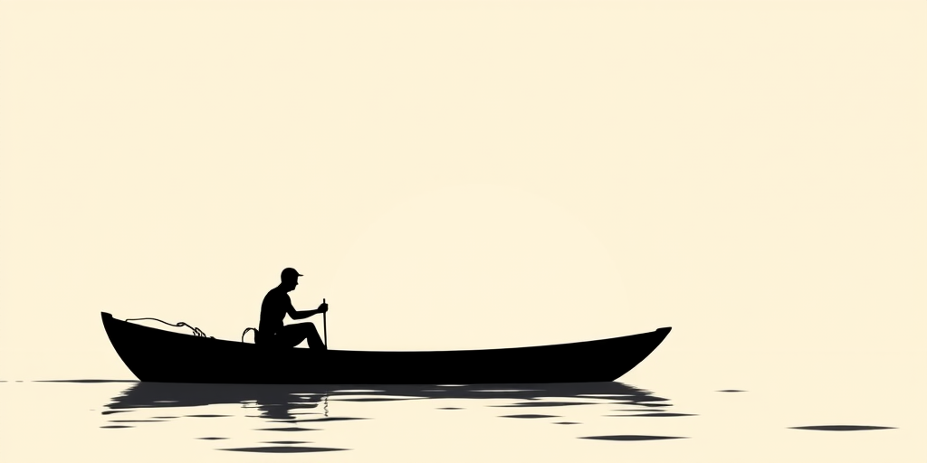 Create a high-contrast vector graphic of a silhouette of a boat on water with a person in it, using a flat design style, focus on simplicity and clarity, set against a minimal background while utilizing a digital illustration technique with crisp lines and smooth curves, resolution 300 DPI, scale 1:1.