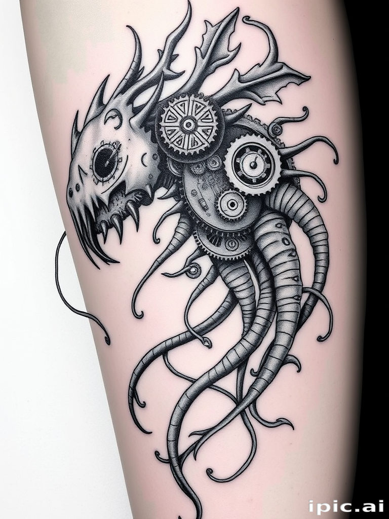 Surrealist bio-organic tattoo depicting a hybrid creature with mechanical gears and flowing tendrils, incorporating elements of steampunk and art nouveau styles in a monochromatic grayscale palette