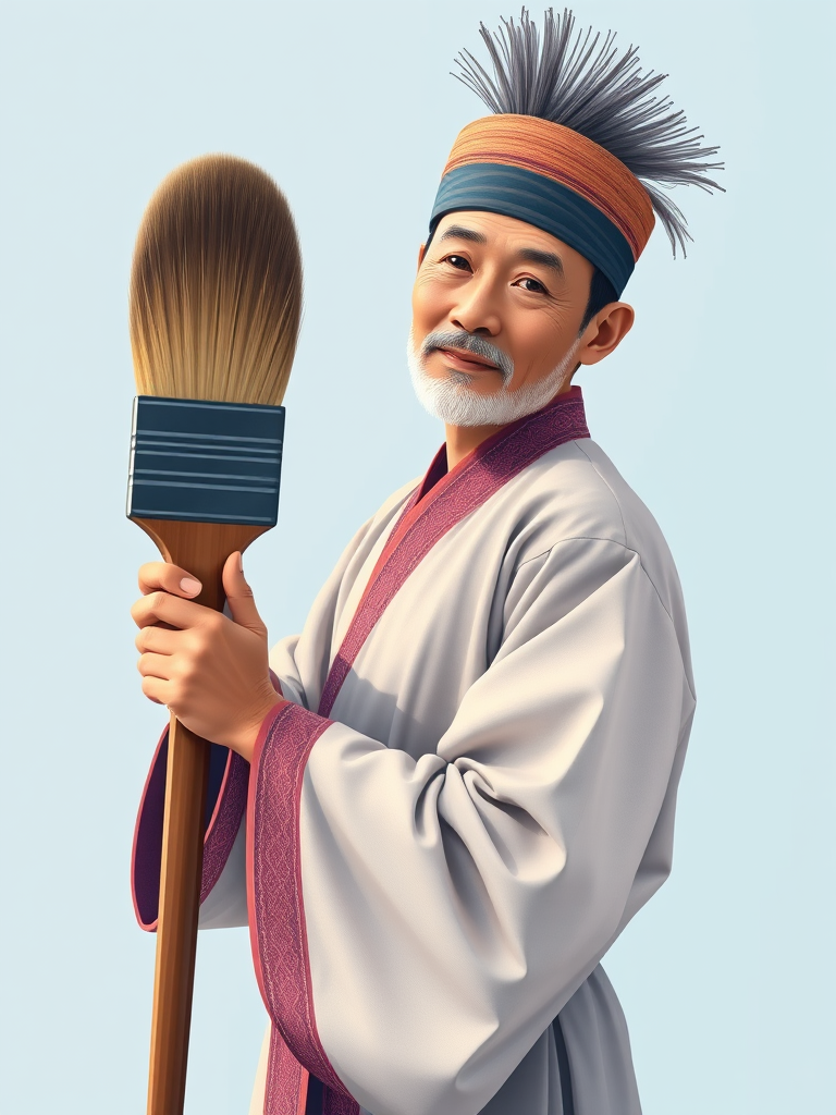 regenerate an illustration of a man in traditional clothing holding a large brush against a light blue background, use a Canon EOS R5, 50mm lens, f/1.8 aperture, ISO 100, focused on the subject with a shallow depth of field, vibrant color saturation, and soft lighting effects to enhance overall image quality