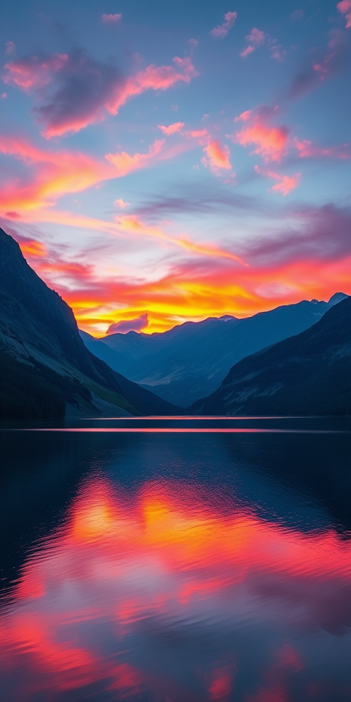 A high-resolution image of a serene landscape featuring a calm lake surrounded by mountains at sunset, with vibrant colors in the sky, shot with a Canon EOS 5D Mark IV, 35mm lens, aperture f/8, ISO 100, and a slight HDR effect for enhanced detail and contrast.