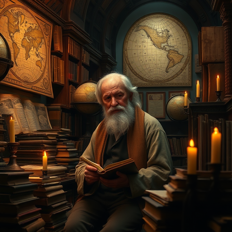 Old scholar in a dimly lit library surrounded by ancient books and globes, intricate maps on the walls, warm candlelight illuminating the scene, high detail, soft focus, DSLR camera, f/1.8 aperture, 50mm lens, ISO 100, natural light enhancement.