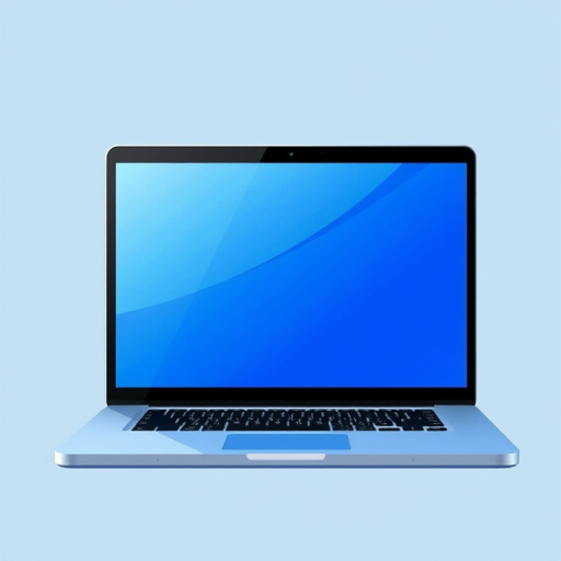 Create a high-resolution digital illustration of a laptop with a blue screen, side view, using a professional digital art style, 300 DPI, 16:9 aspect ratio, soft lighting effects, and vibrant colors.