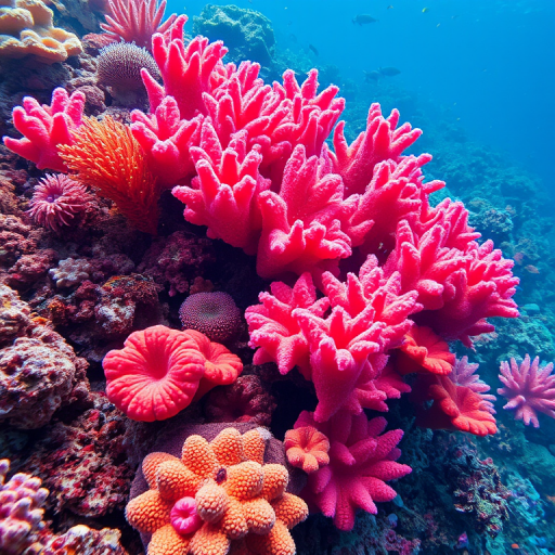 Underwater coral reef bursts with vibrant pinks, oranges, and blues in a textured, layered style that mimics the diverse ecosystem of tropical waters