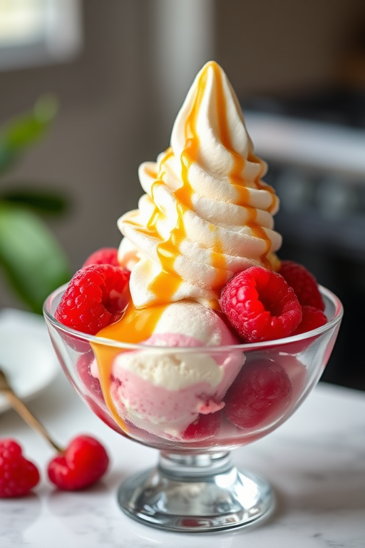 Ice cream sundae in a glass bowl with raspberries and caramel drizzle, shot with a Canon EOS R5 at f/2.8, ISO 100, 50mm lens, soft natural lighting, shallow depth of field.
