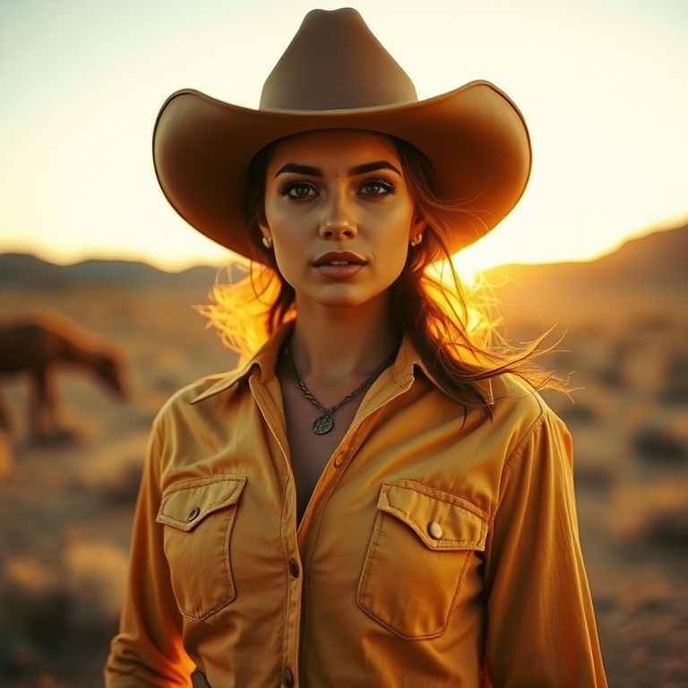 Dramatic photo of a beautiful Hispanic woman, classic cowboy attire, confident and free spirit expression, half-length portrait, centered, golden hour desert landscape, warm, diffused light, low angle, medium format film camera, in style of Annie Leibovitz.