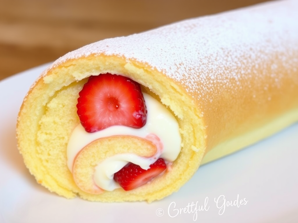 Strawberry cream roll cake with a soft yellow sponge filled with fresh strawberries and cream dusted with powdered sugar displayed on a white plate.