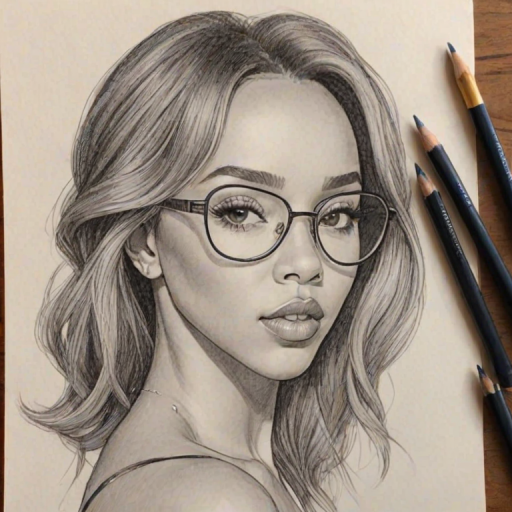 Exquisite Tinashe, pencil sketch, portrait of Stunning woman 1967s in glasses, hair style beatnik, outline, clear lines, fine lines, 8k