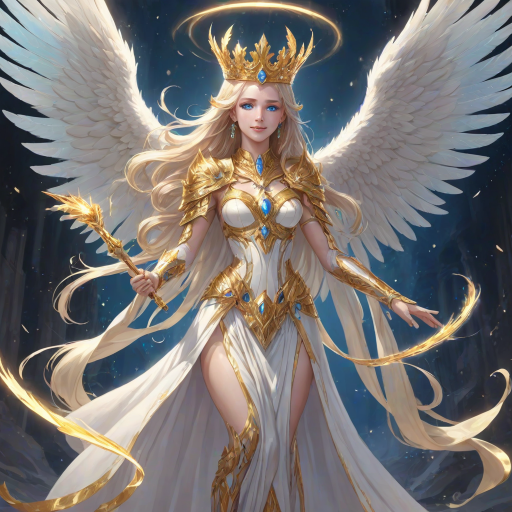 white_robes,glowing_aura,wings,halo,ethereal_presence,benevolent_smile,radiant_light,long_hair,blue_eyes,golden_crown,holding_instruments,serene_expression,floating,multicolored_wings,multiple_wings,humanoid_form,holding_scroll,shining_armor,barefoot,youthful_appearance,celestial_glow,