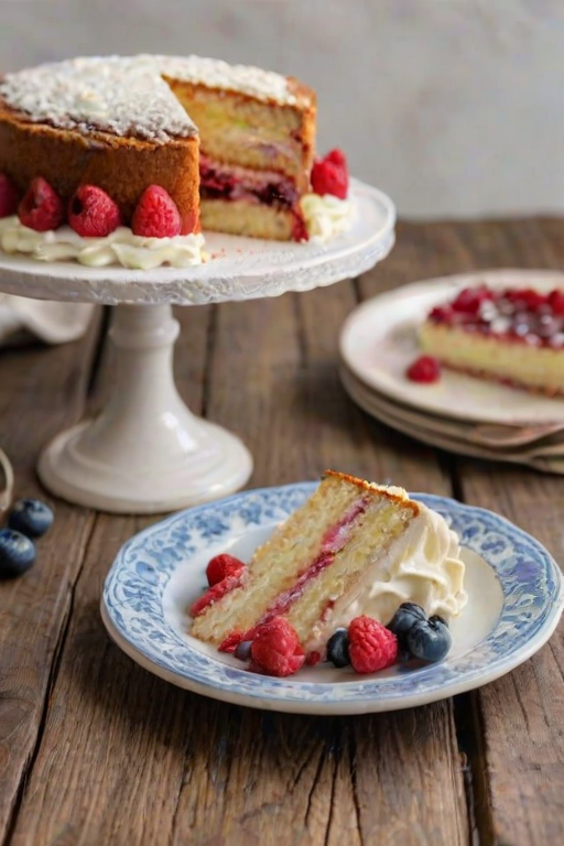 Create an image of a slice of layered cake with a light yellow sponge, filled with raspberry jam and frosted with white buttercream. The cake should be displayed on a decorative white plate, accompanied by fresh raspberries and blueberries on the side. The background should feature a rustic setting with a wooden surface and a bowl of mixed berries.