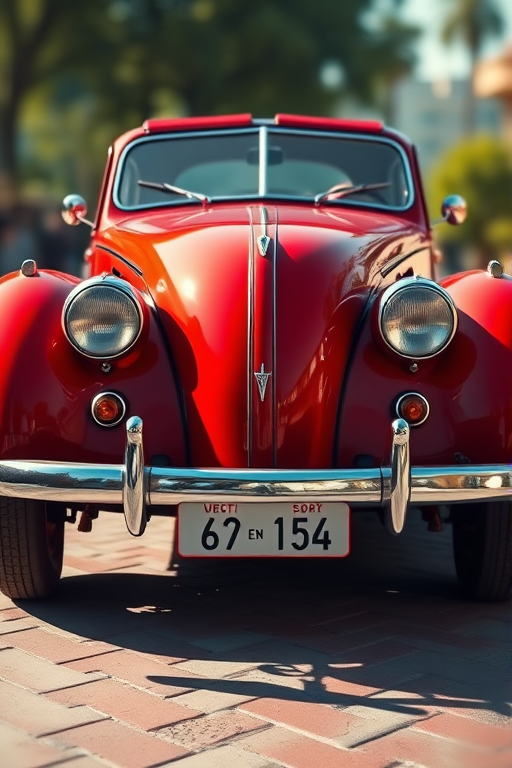 Create a high-resolution digital painting of a vintage red car, capturing it from a three-quarter front view, using a DSLR camera at f/1.8, ISO 100, and a focal length of 35mm, with a soft-focus background to enhance the subject clarity and detail.