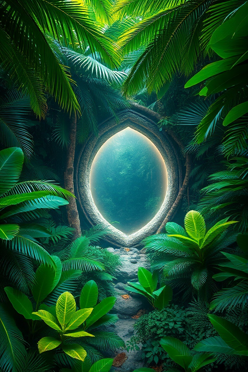 Generate a vibrant tropical jungle scene with a glowing portal framed by lush green foliage, shot with a DSLR camera at f/2.8 aperture, ISO 100, 24mm lens, top-down view, high dynamic range imaging, and soft focus for enhanced depth.