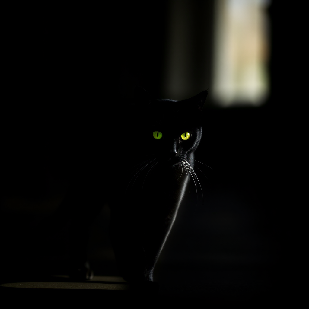 Create a high-contrast silhouette of a black cat walking, with glowing green eyes, captured at f/2.8 with a 50mm lens, natural light, in a minimalistic style.