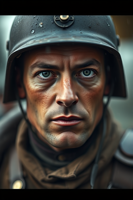 Create a highly detailed portrait of a World War I soldier wearing a distinctive helmet and a focused expression, captured in rainy weather with dramatic lighting, using a DSLR camera at f/1.8 aperture, ISO 200, and a 50mm lens to create a shallow depth of field, in a close-up view with soft bokeh background.