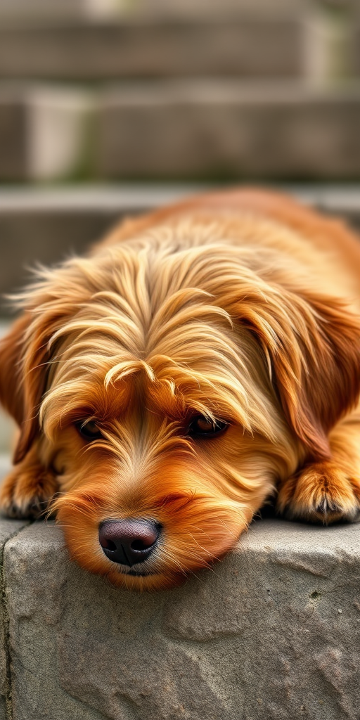 A close-up of a scruffy brown dog resting its head on a stone step, with a soft bokeh background, shot with a DSLR camera at f/2.8, ISO 200, and a shutter speed of 1/250 seconds to emphasize the dog's expression and texture of fur.