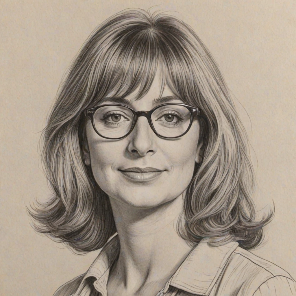 Radiant Penny Marshall, pencil sketch, portrait of Ravishing woman 1971s in glasses, hair style beatnik, outline, clear lines, fine lines, 8k