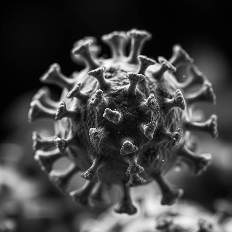 macro shot of a virus in black and white, captured with a Canon EOS 5D Mark IV, f/16 aperture, 1/250 sec shutter speed, ISO 100, macro lens, shallow depth of field, high contrast lighting, focus on details of the virus structure and surrounding elements