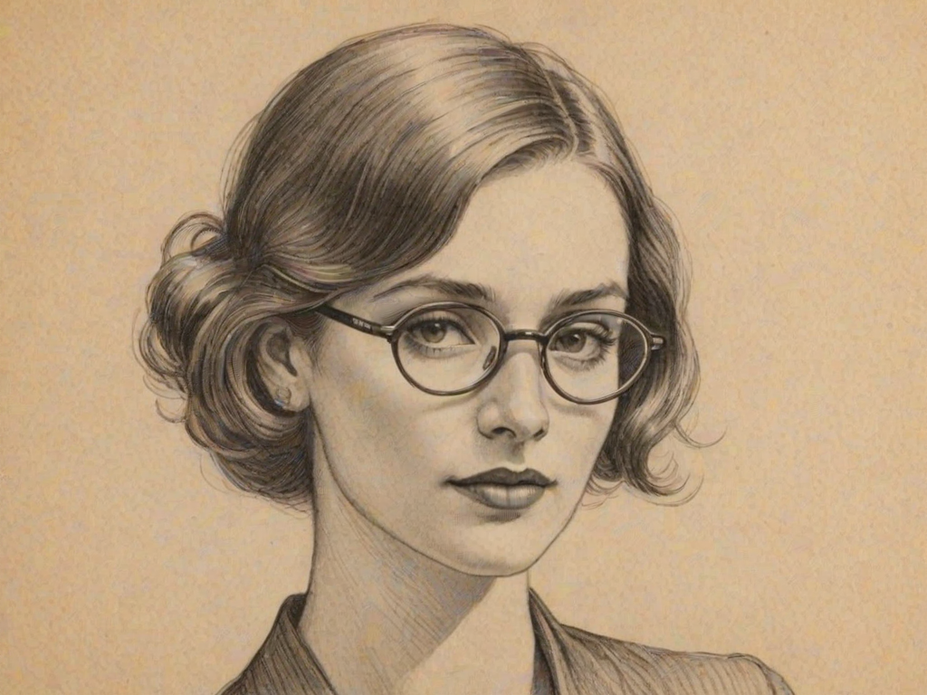 Splendid Dominique McElligott, pencil sketch, portrait of Ravishing woman 1923s in glasses, hair style beatnik, outline, clear lines, fine lines, 8k