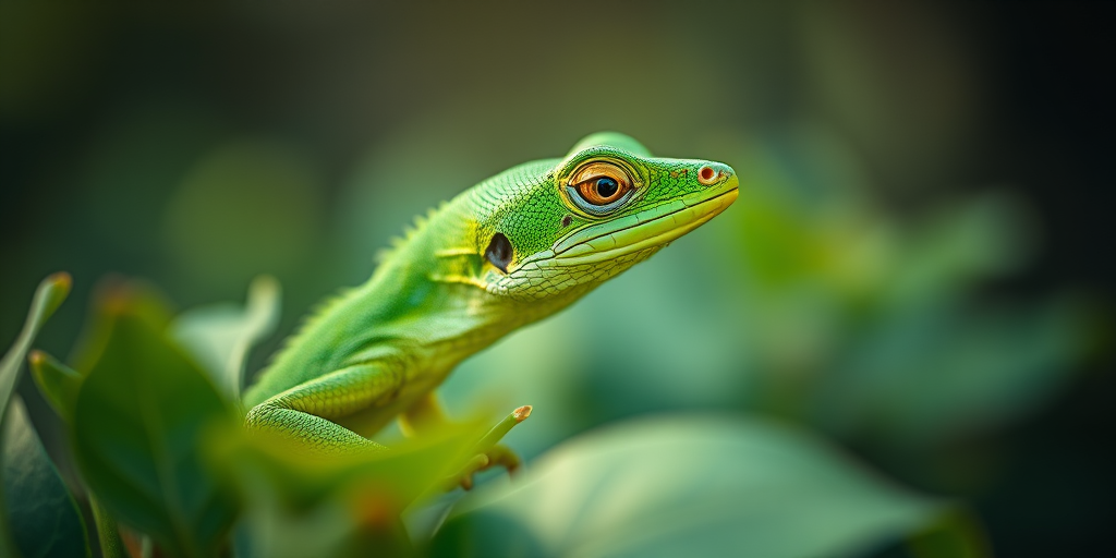 Close-up of a vibrant green lizard perched on lush foliage with soft focus background, captured using a DSLR camera at ISO 200, aperture f/2.8, shutter speed 1/200 sec, natural light during golden hour for enhanced color saturation.