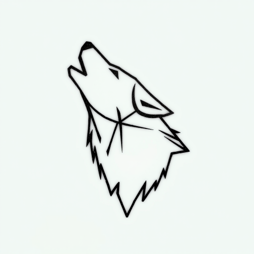 Minimalist geometric wolf tattoo with clean black lines forming angular shapes, creating a stylized representation of a howling wolf head, incorporating negative space for a modern and striking aesthetic