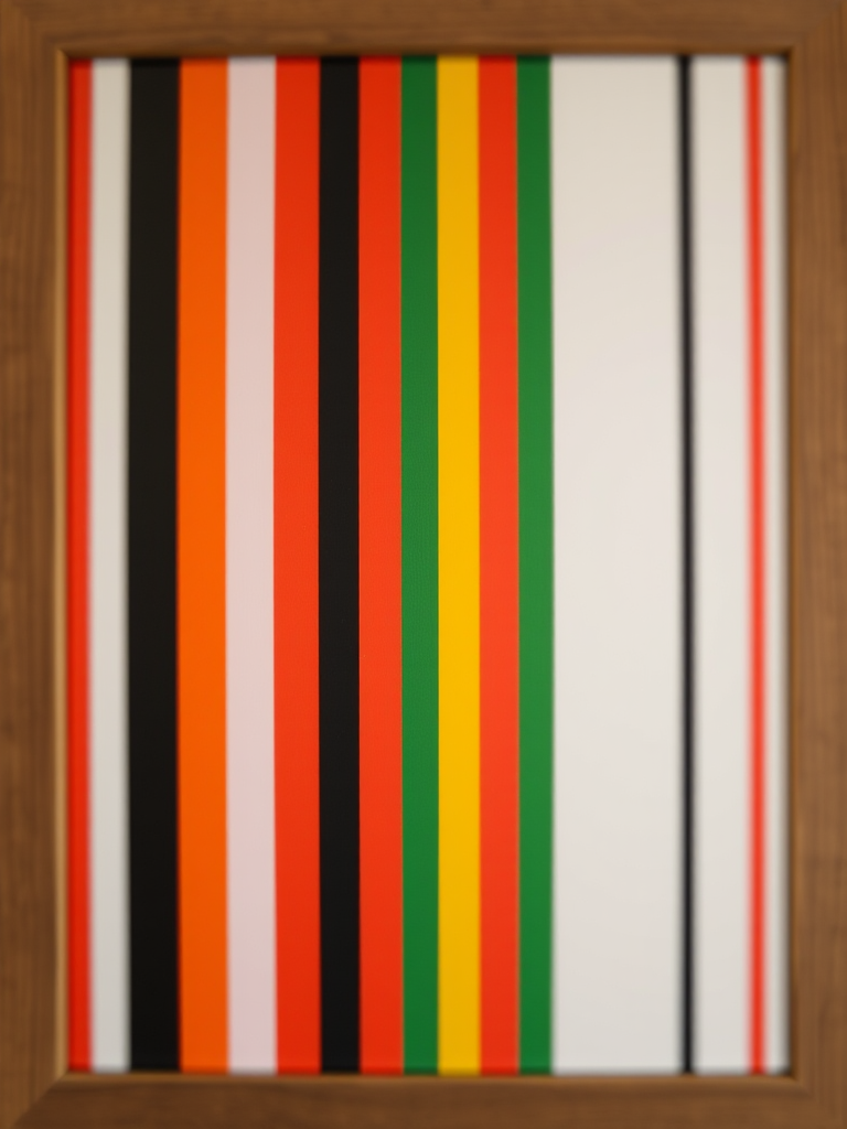 Create an abstract artwork featuring vertical stripes in vibrant colors like red, black, green, and yellow, captured with a DSLR camera at f/2.8, 1/125 sec, ISO 100, in a well-lit environment, with a depth of field focus on the stripes and a wooden frame around the image.