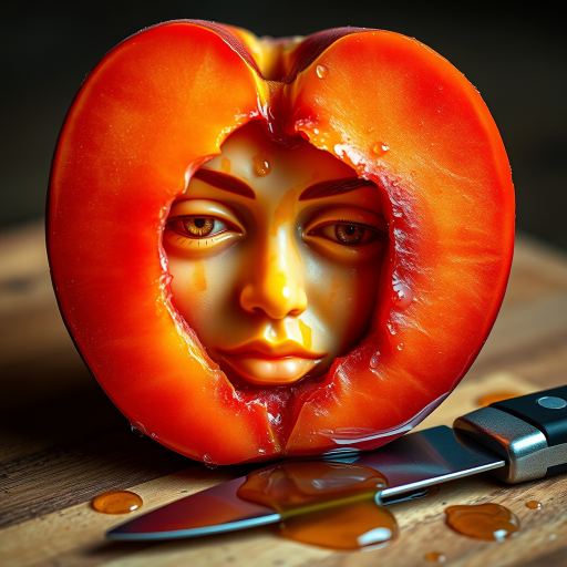 A hyperdetailed photorealistic macro color saturated high resolution image of a peach cut in half, with the peach pit being a highly detailed sculpted woman's face with her eyes open and peach-colored irises. The face has a marble texture. The image includes condensation, moisture, and peach juice. The peach is on a wooden cutting board with a small fruit knife nearby, also covered with juice.