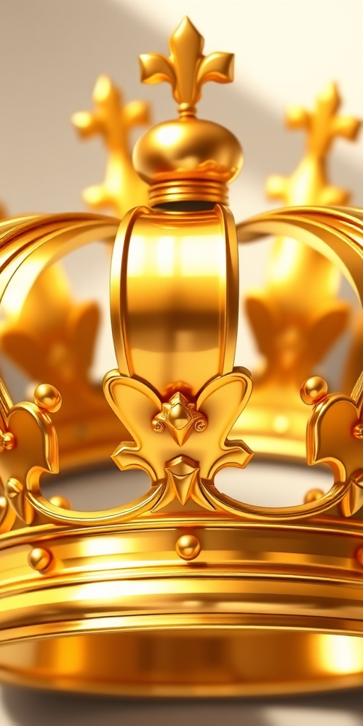 A detailed illustration of a golden crown with a shiny and polished finish, captured using a DSLR camera at f/2.8 aperture, 50mm lens, ISO 100, in natural light, overhead view, with a soft focus background to enhance the crown's details and reflections.