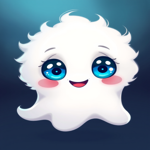cute fluffy ghost character with big blue eyes and a happy expression, 85mm lens, f/1.8 aperture, ISO 100, soft lighting, 3/4 view, digital illustration style