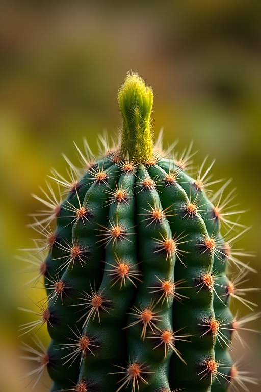 cactus with a sharp green top against a blurred background, macro shot, aperture f/2.8, shutter speed 1/200s, ISO 100, taken with a DSLR camera from a low angle, natural light, soft focus on the background