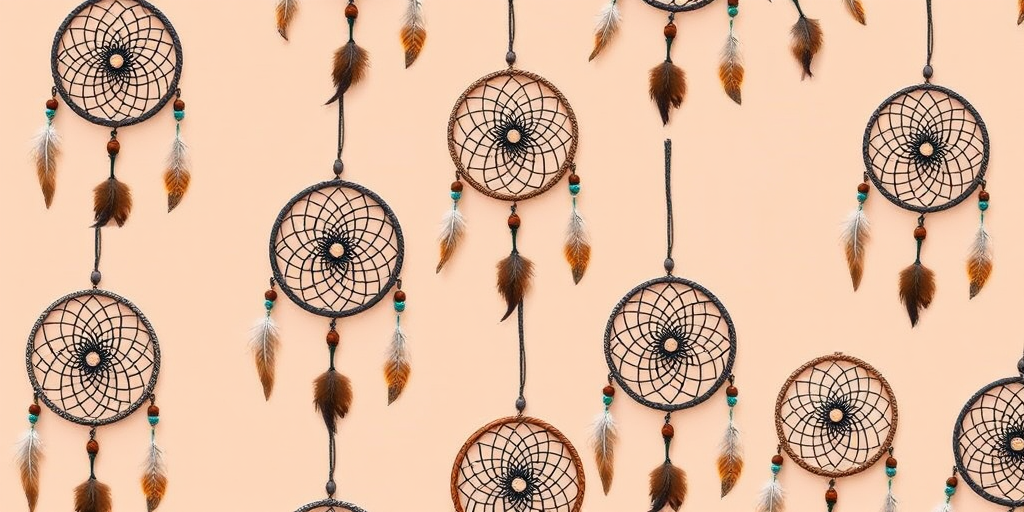 Create a repeating pattern of intricate dreamcatchers with feathers on a soft peach background, use a Canon EOS R5 camera, aperture f/8, ISO 100, focal length 50mm, shot from a top-down view, style: flat lay, high resolution.