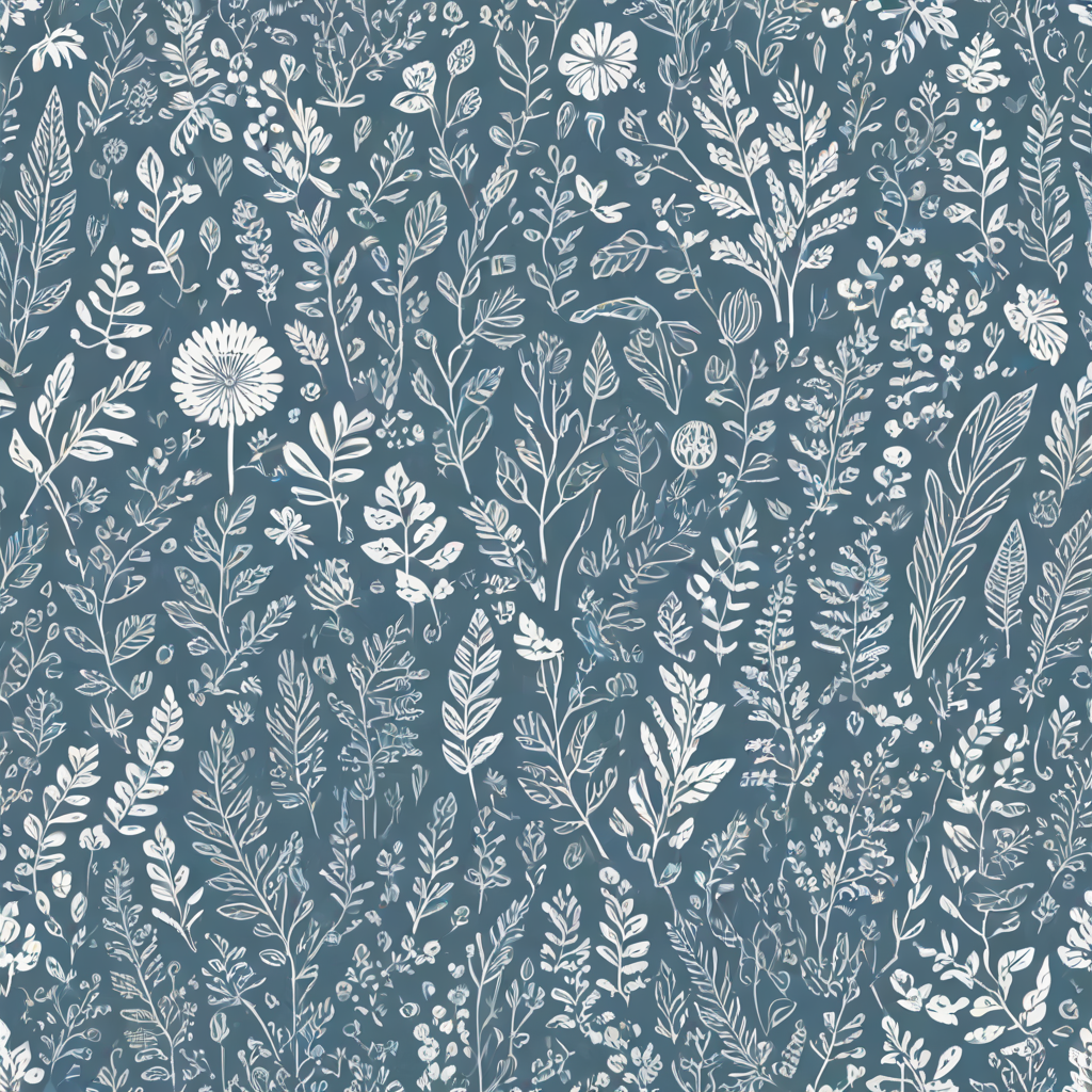 Create a seamless pattern featuring a variety of whimsical hand-drawn floral and leaf designs on a soft blue background. Incorporate different shapes and sizes of plants, including flowers, ferns, and abstract foliage, all outlined in white. The overall style should be playful and organic, with a balanced distribution of elements throughout the composition.