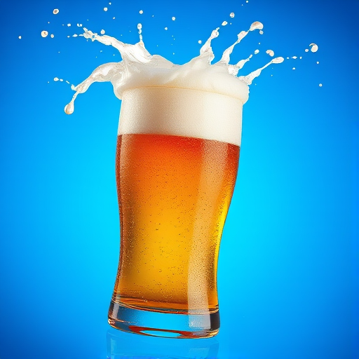 Generate a vibrant and detailed illustration of a pint of beer splashing with foam against a bright blue background, shot with a Canon EOS R5, 50mm lens, aperture f/2.8, 1/200 sec exposure, and enhanced colors to emphasize the golden amber hue and frothy texture.