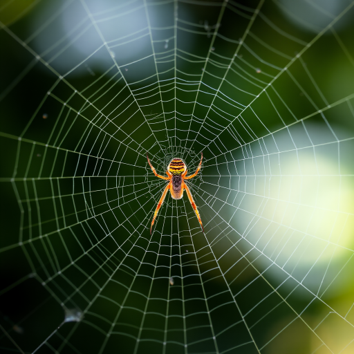 Generate a high-resolution image of a spider web with intricate details, captured using a DSLR camera at f/8 aperture, ISO 100, 1/200 sec shutter speed, overhead view, macro style.
