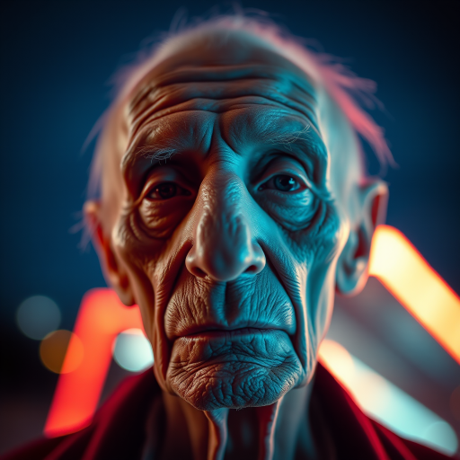 create a close-up perspective view fine art photography contemporary style of an elderly worn albino’s face with a soft, candid expression on a blurred sky black light background.Showcasing a modern style characterized by vibrant blacklight tones, using dramatic lighting and soft gradients to create a fine art atmosphere. The focus is on the light and facial features. motion light blur, neon backlit