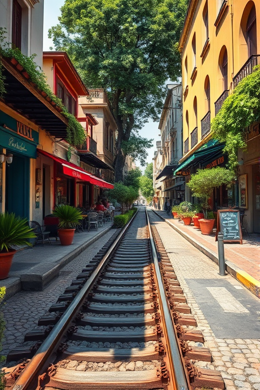 capture a vibrant street scene with railway tracks amidst colorful cafes and greenery, wide-angle shot, f/5.6 aperture, ISO 100, 24mm focal length, bright daylight, DSLR camera