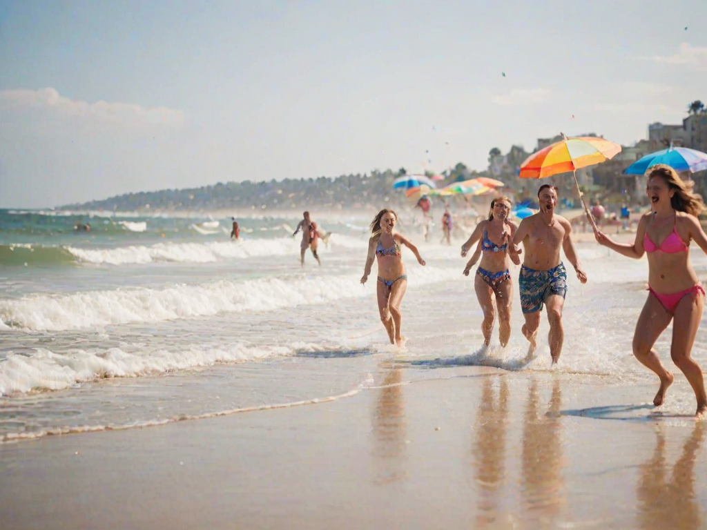 Blurry action shot of a family enjoying a day at the beach, splashing in the surf, with colorful beach umbrellas dotting the sandy shoreline and laughter filling the air.