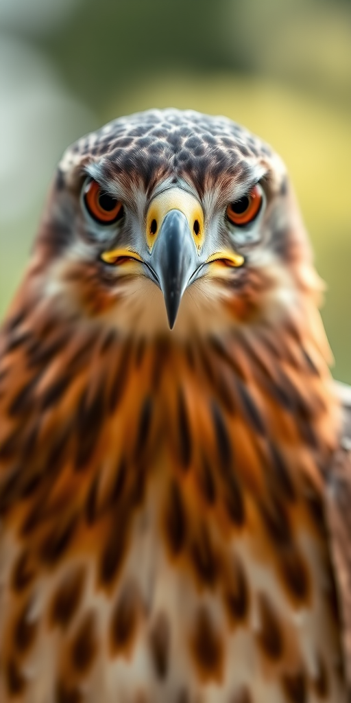 Capture a close-up portrait of a hawk with sharp focus on its eyes, using a DSLR camera, 85mm lens, aperture f/1.8, ISO 100, shutter speed 1/200s, natural light, shallow depth of field, ensure a blurred background to enhance subject prominence.