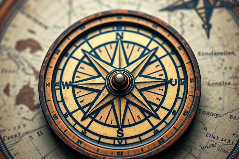 Create a high-resolution image of an antique compass rose with a vintage map aesthetic, captured using a full-frame DSLR camera, with a 50mm lens at f/2.8 for shallow depth of field, ISO 100, and a 1/125s shutter speed, ensuring vibrant colors and fine detail.
