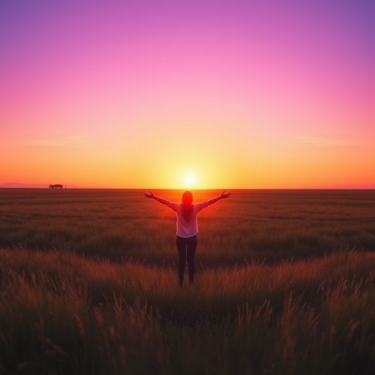 Create a minimalist graphic of a person standing with arms outstretched in a vast open field during sunset, with a Canon EOS R5, 50mm lens, f/1.8 aperture, ISO 100, capturing vibrant colors and soft lighting, with a shallow depth of field for a dreamy effect.