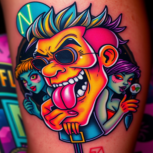 New school tattoo called "Neon Nightlife" depicting exaggerated cartoon-style characters in vibrant, eye-catching colors with bold outlines and playful distortions of reality