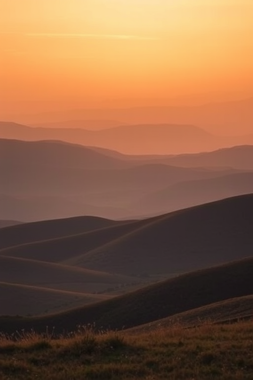 landscape at dawn with rolling hills and soft golden light, f/8 aperture, ISO 100, 1/200 sec shutter speed, using a DSLR camera, wide-angle lens, panoramic view for enhanced depth.