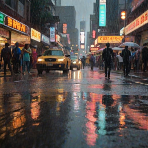 Blurry, action-packed image of a city street during a rainstorm, pedestrians with umbrellas rushing by, a taxi splashing through a puddle, reflections of neon signs and traffic lights on the wet pavement, street vendors huddling under awnings, distant thunderclouds looming in the sky above.