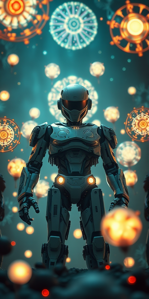 Generate a highly detailed sci-fi scene featuring a futuristic robot surrounded by glowing, intricate energy orbs and ethereal creatures, using a Canon EOS R5 with a 50mm f/1.2 lens, ISO 100, aperture f/1.2, and a 1/125s shutter speed, shot in a dramatic low-angle perspective to enhance depth and presence, with high dynamic range and vivid colors for added realism.