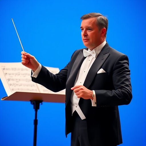 Create an image of a conductor in a tuxedo holding a baton, standing in front of a music stand with sheets of music, set against a bright blue background, captured with a DSLR camera at f/2.8, ISO 100, 50mm lens, with a shallow depth of field for a smooth blur effect on the background.