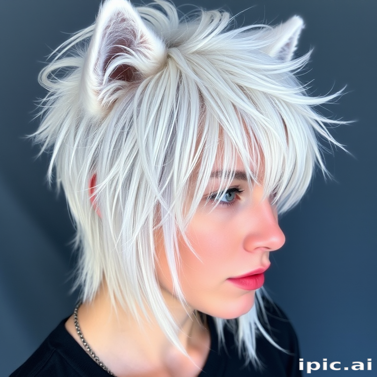 Icy platinum blonde wolf cut with choppy layers and wispy bangs, featuring cool blue undertones for a frosty and edgy aesthetic