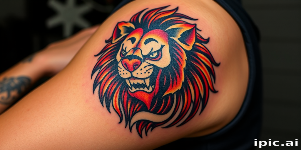 Striking neo-traditional body tattoo of a fierce lion head on the upper arm, executed in bold lines and rich saturated colors with a touch of art nouveau influence