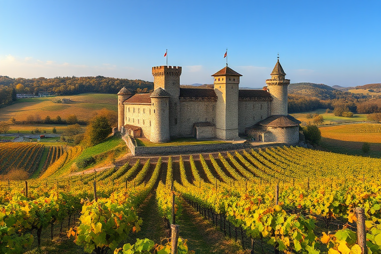 Regenerate the image of a medieval castle surrounded by vineyards during autumn, captured with a DSLR camera at f/8 aperture, 1/250 second shutter speed, ISO 100, with a wide-angle lens, using a high dynamic range style to enhance colors and details in the landscape.
